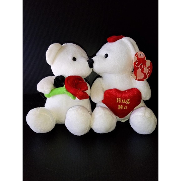 NWT Goffa, white kissing plush bears with heart and flower - Picture 1 of 6